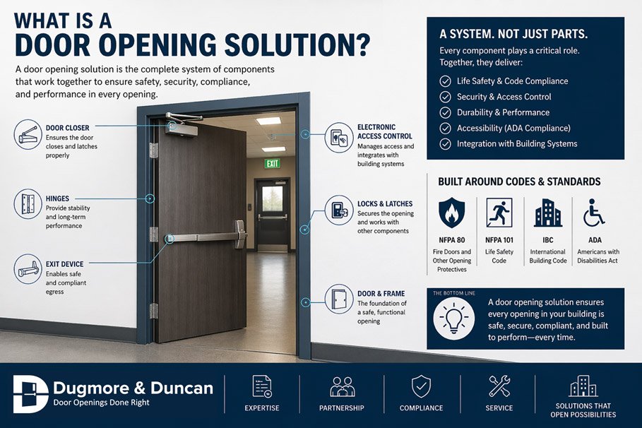 Diagram of commercial door opening solution showing door closer, hinges, exit device, locks, and access control components working together