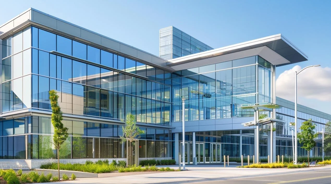 Modern glass office building with reflective windows, landscaped front area, and clear blue sky.