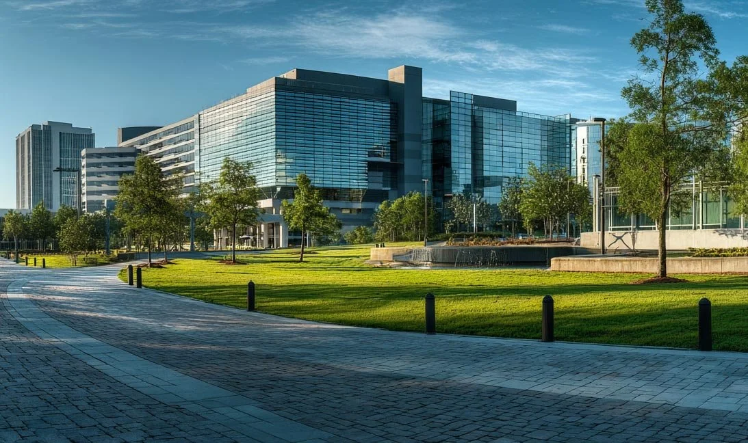 Modern office building with glass exterior, surrounded by trees and a green lawn, under a blue sky.