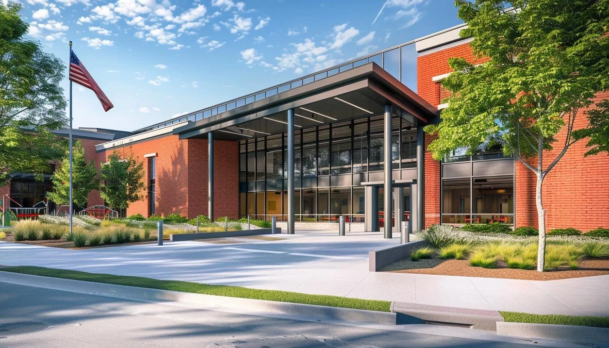Modern brick campus building with large glass entrance, surrounded by landscaped greenery and trees, American flag flying nearby under a blue sky.