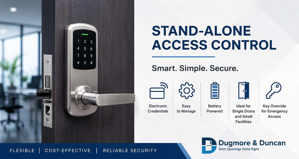 stand alone access control in an office environment with info graphics that highlight electric credentials, easy to manage, battery powered, ideal for single door and small facilities and key override for emergency access