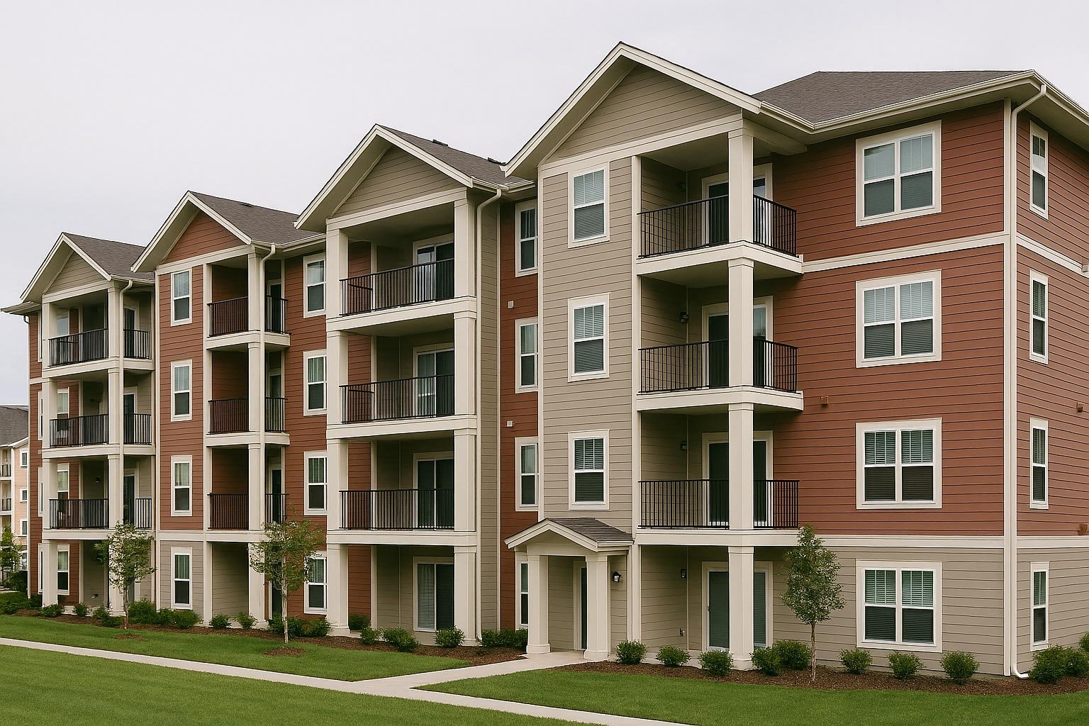 Multistory apartment building with balconies, beige and brown exterior, well-maintained lawn, small trees, and a sidewalk.