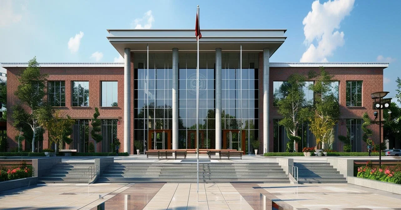 Front view of a modern government or institutional building with large glass windows, a central entrance, and landscaped surroundings, including trees and benches.