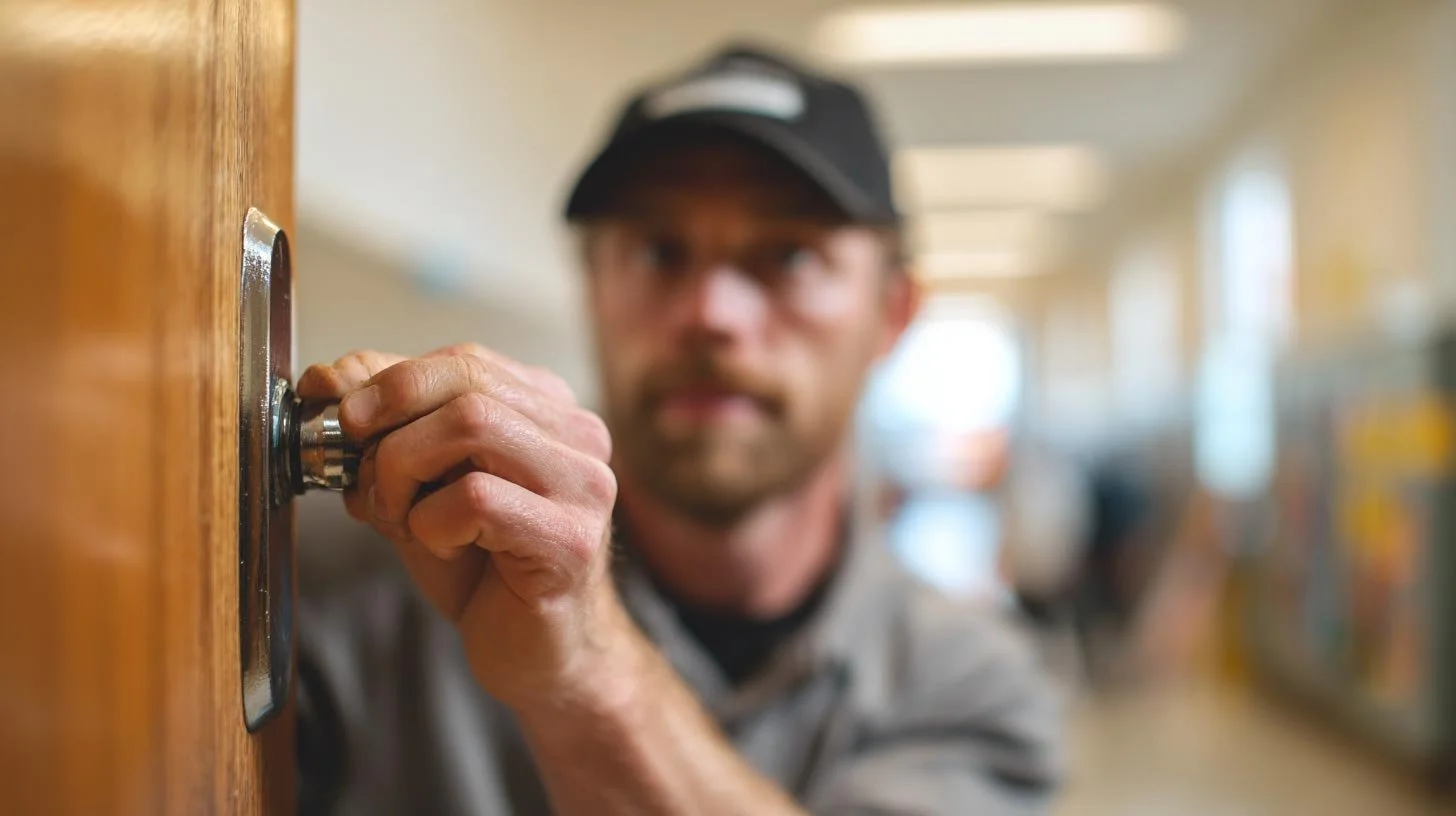 A man with a cap unlocking a door in a hallway.
