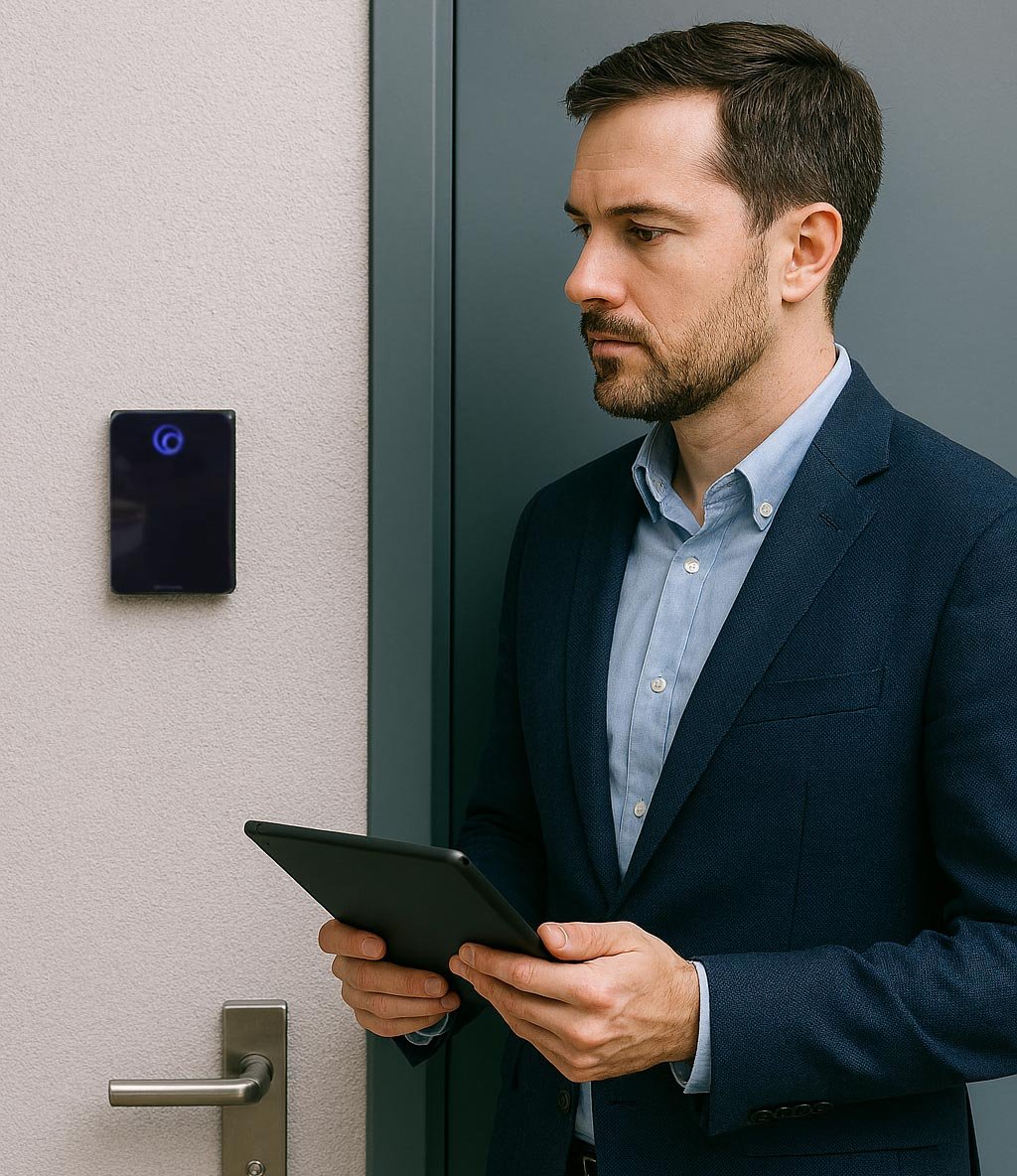 A man in a suit using a tablet near an elevator, with a wall-mounted security or access control device nearby.