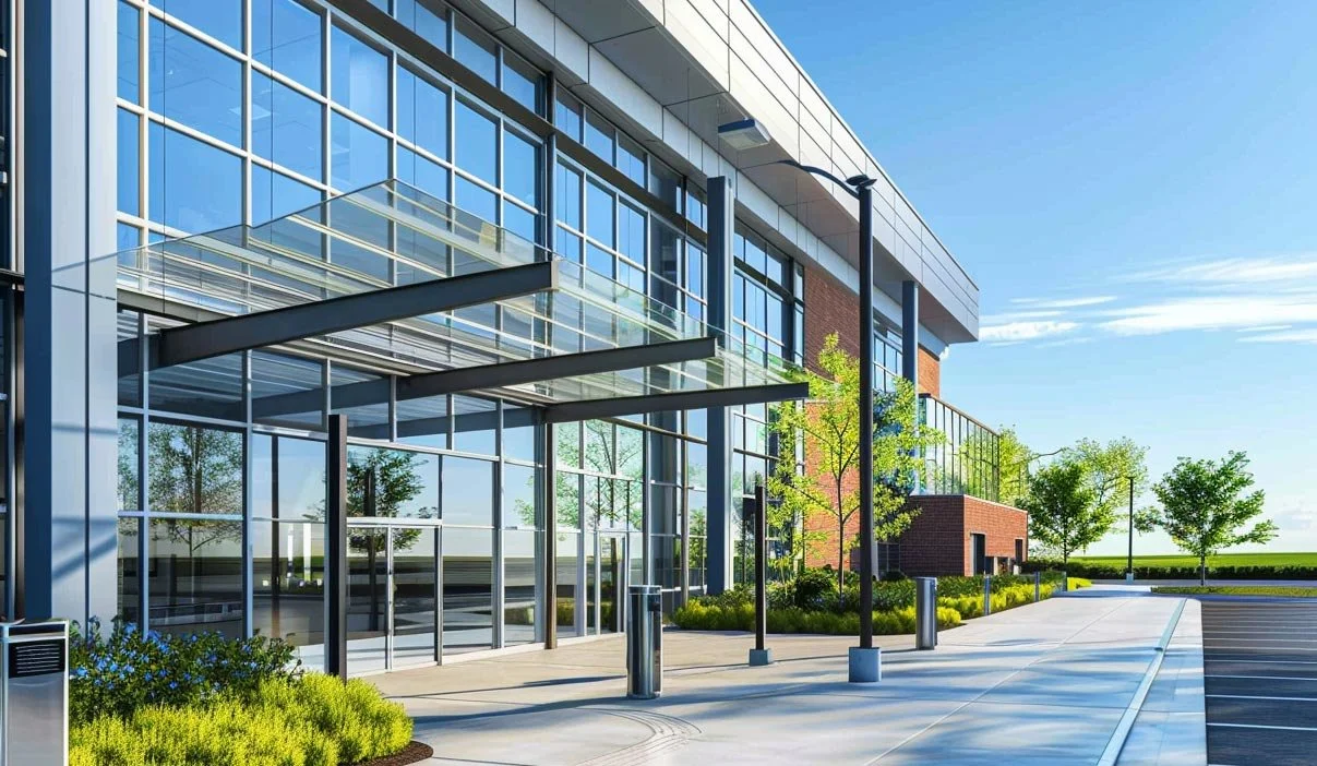 Modern office building with glass windows, glass awning, outdoor lighting, and trees