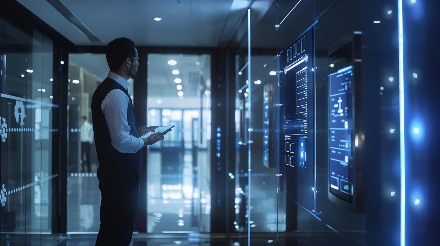 A man in a business suit stands in a modern office hallway, looking at digital screens displaying graphs and data, while holding a tablet.