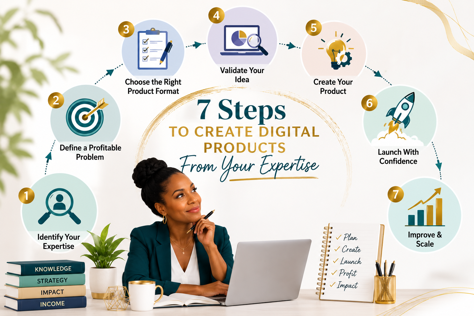 Infographic illustrating the 7-step framework to create digital products from professional expertise, including idea validation, product creation, launch, and business growth.