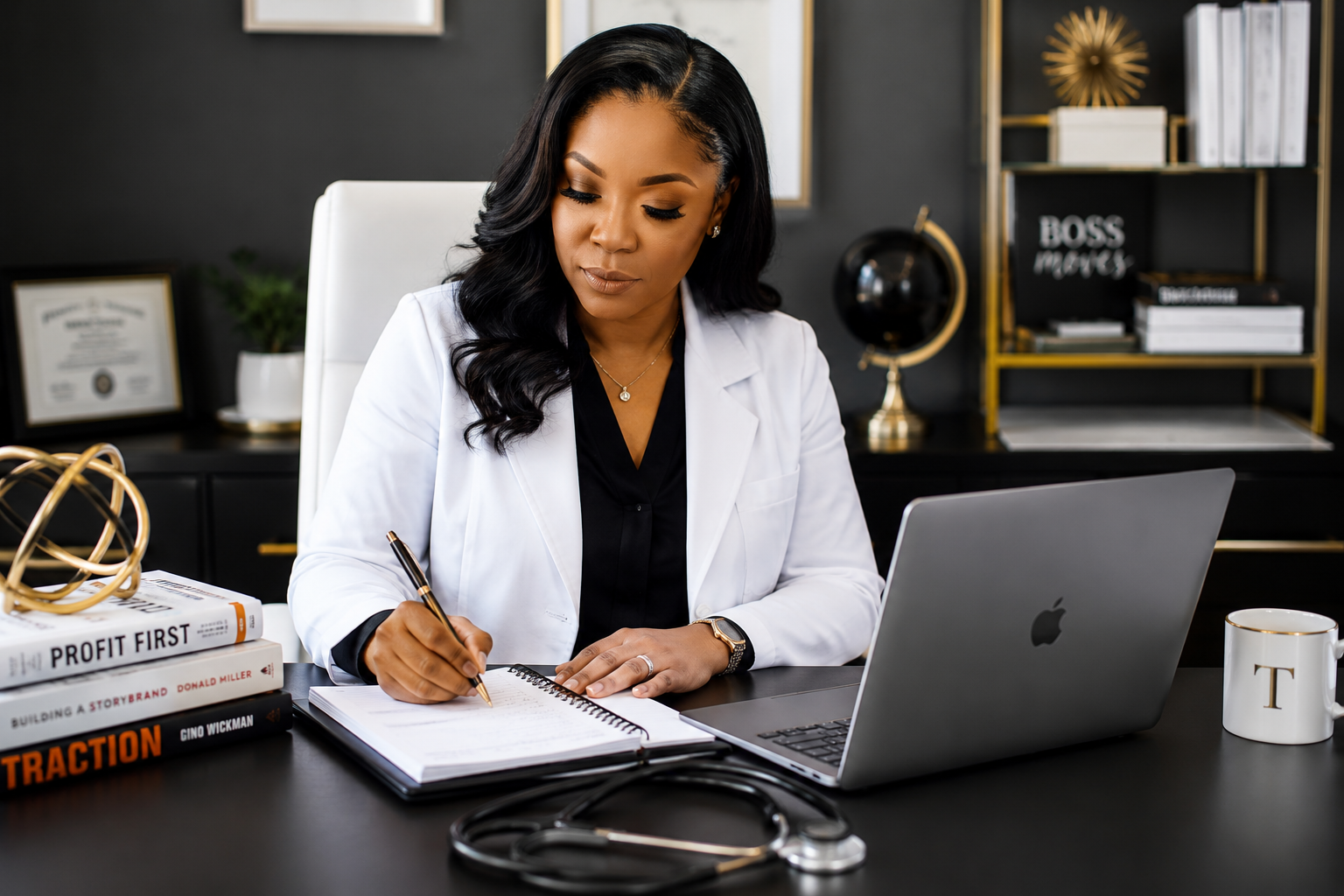 Healthcare entrepreneur planning business growth while working in her professional office, representing leadership, entrepreneurship, and healthcare business success.