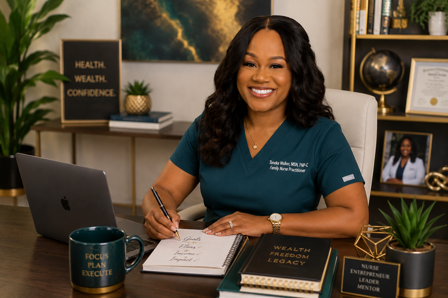 Taneka Walker, nurse practitioner and entrepreneur, working in a professional office while teaching nurses how to create multiple income streams and build wealth beyond the bedside.