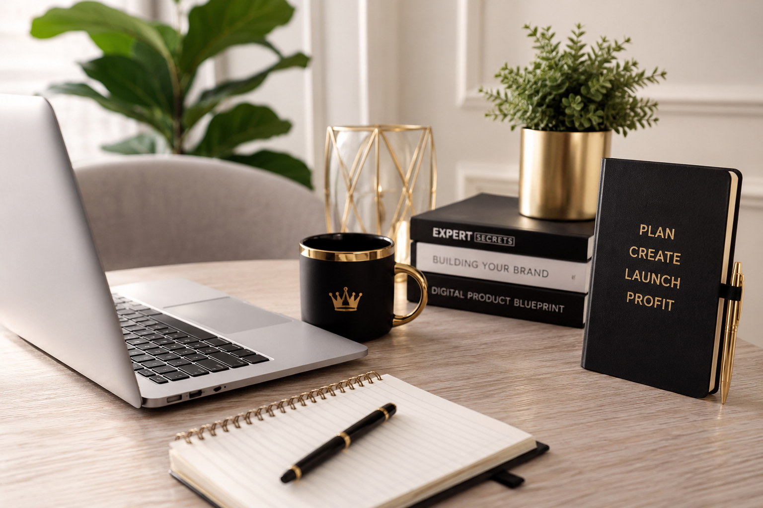 Professional workspace illustrating how to create digital products from professional expertise with a laptop, notebook, and business planning materials.