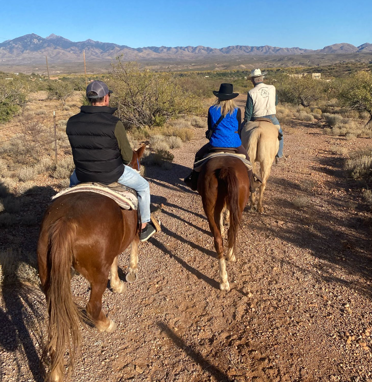 Three people horseback riding on a dirt trail in a desert landscape with mountains in the background, sunny sky, and sparse bushes.