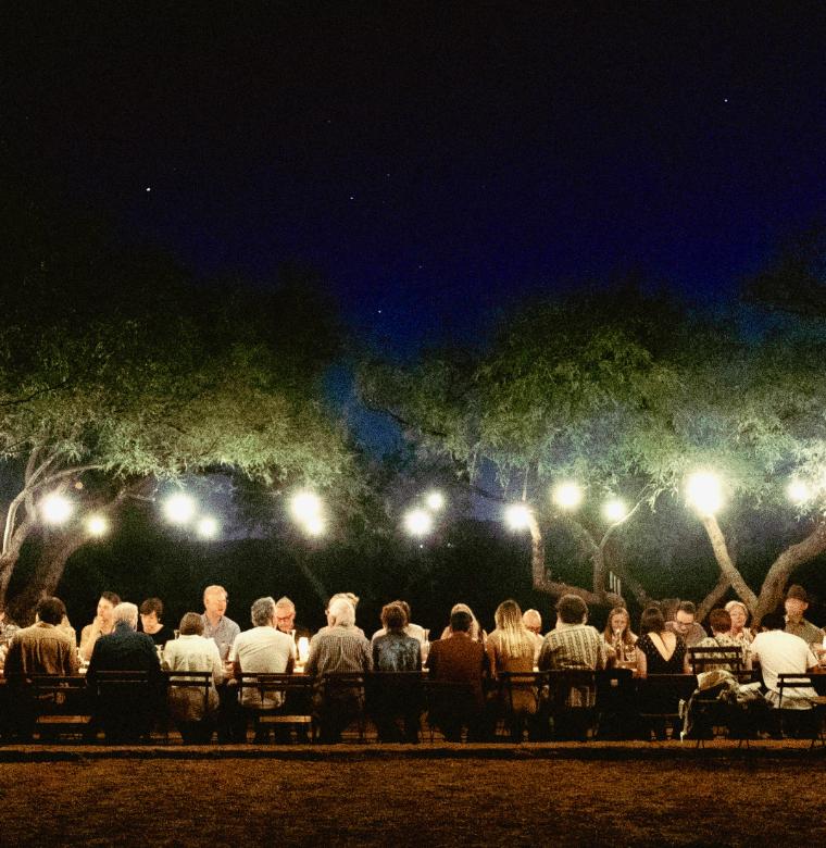 Gathering of people sitting at a long table outdoors at night, under string lights and trees, with a clear, starry sky above.