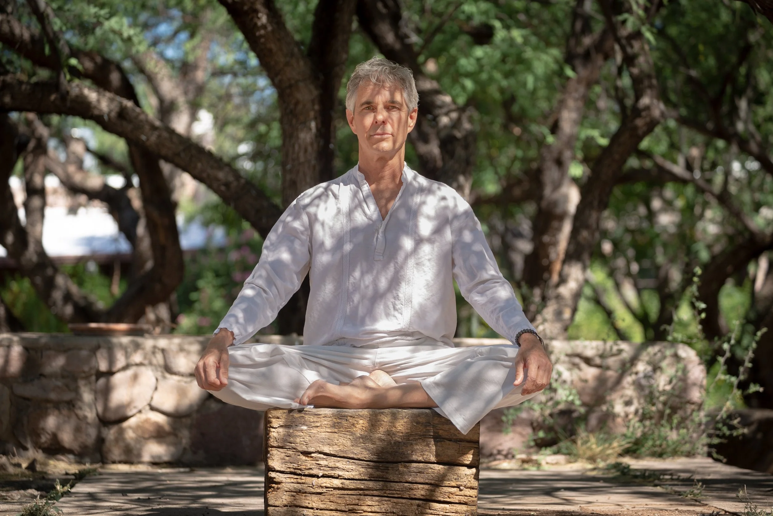A man practicing meditation outdoors, sitting cross-legged on a wooden platform with a tree and nature in the background.
