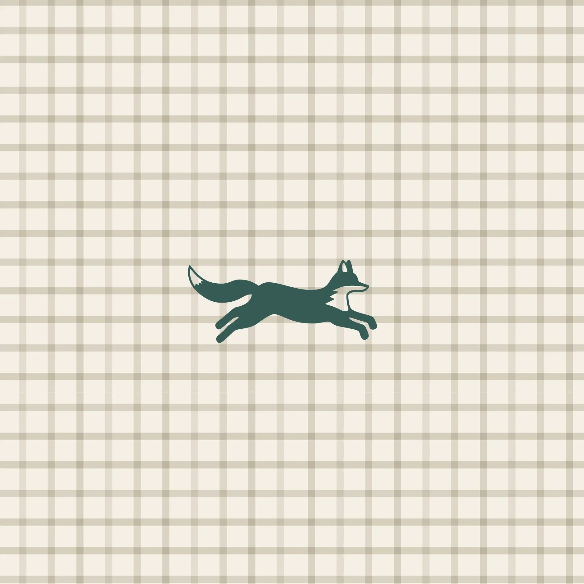 A silhouette of a running fox on a beige checkered background.