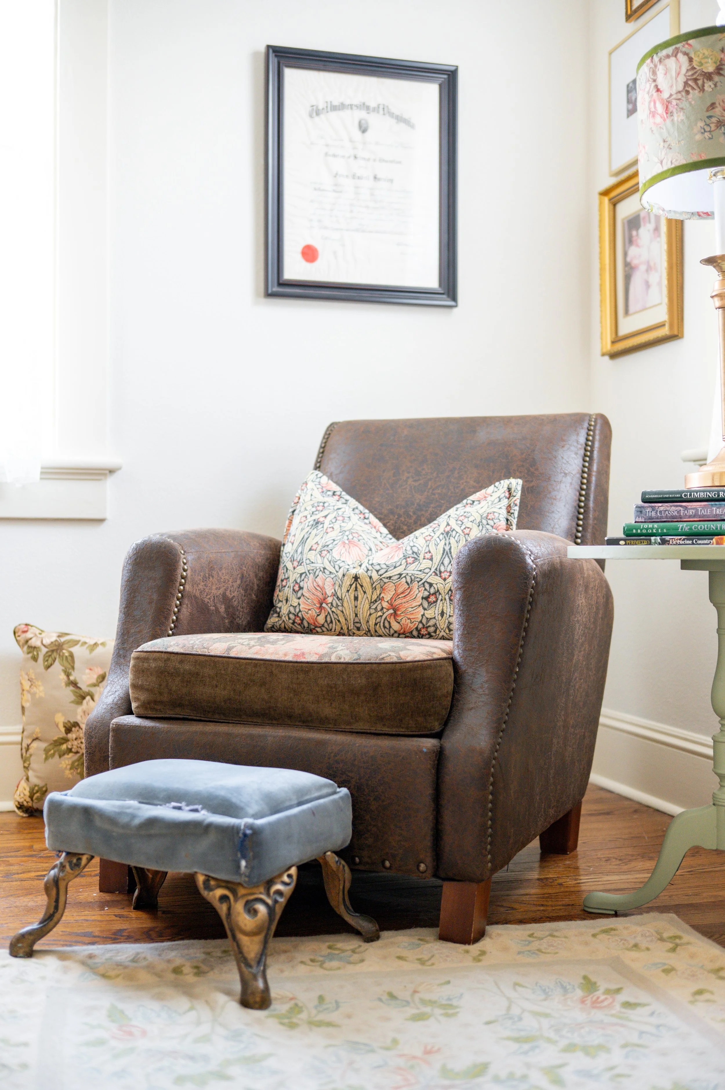 Thrifting in earnest started with redecorating my office as a middle school band director. This chair was a well-loved fixture, by students as well as myself, most often used as a cozy place to rest when the day became overwhelming. Peep the lampshad