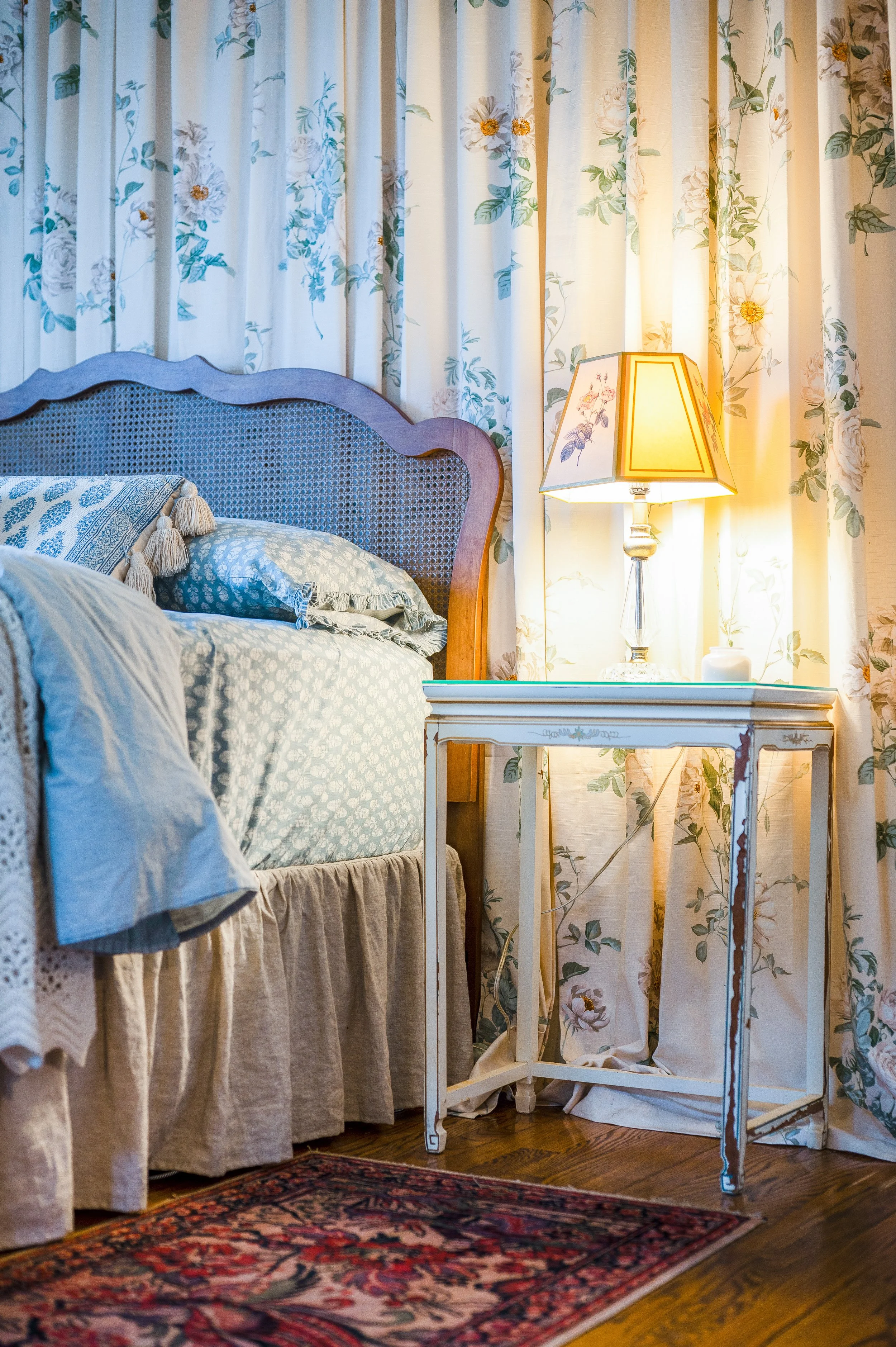 These curtains were originally planned for the windows, but they were too heavy for the space and hid most of the trim. But I loved the pattern, and I wanted to look at it everyday! Behind the bed they went.