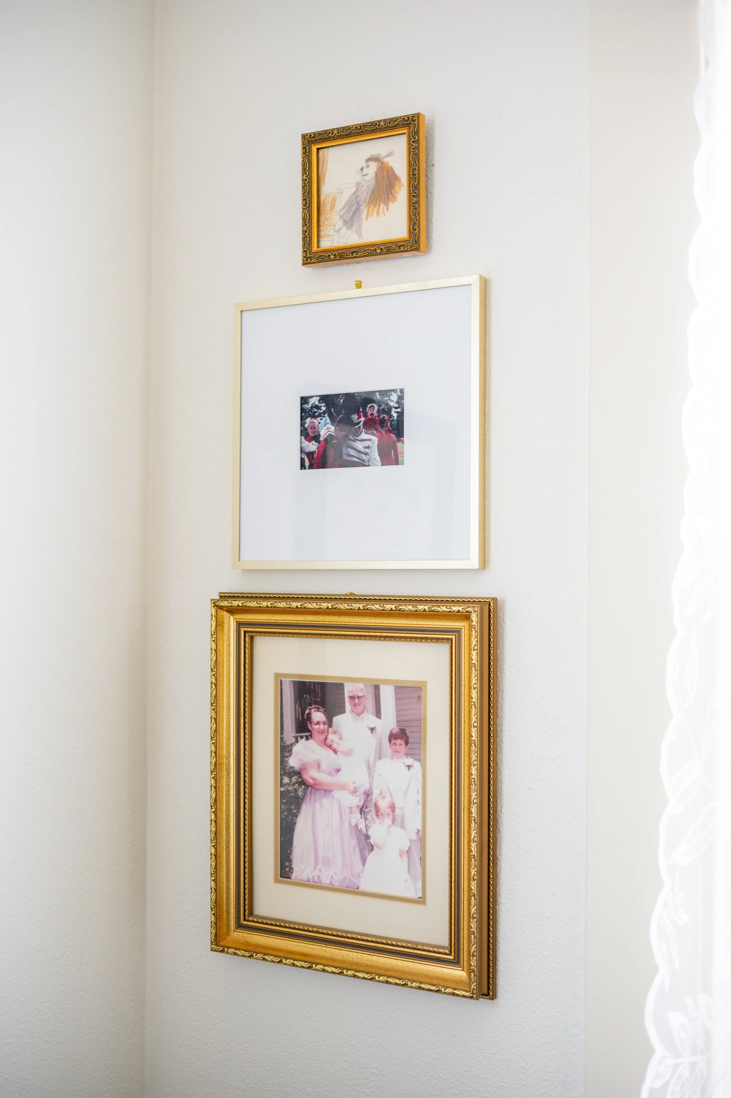 Bottom: A family portrait at my sister's wedding (I'm the young girl in front, mom made the dresses). Middle: Cristy and I before a marching band competition, me as a trumpet player and she as color guard. Top:  Decades-old drawing of me at our Sunda