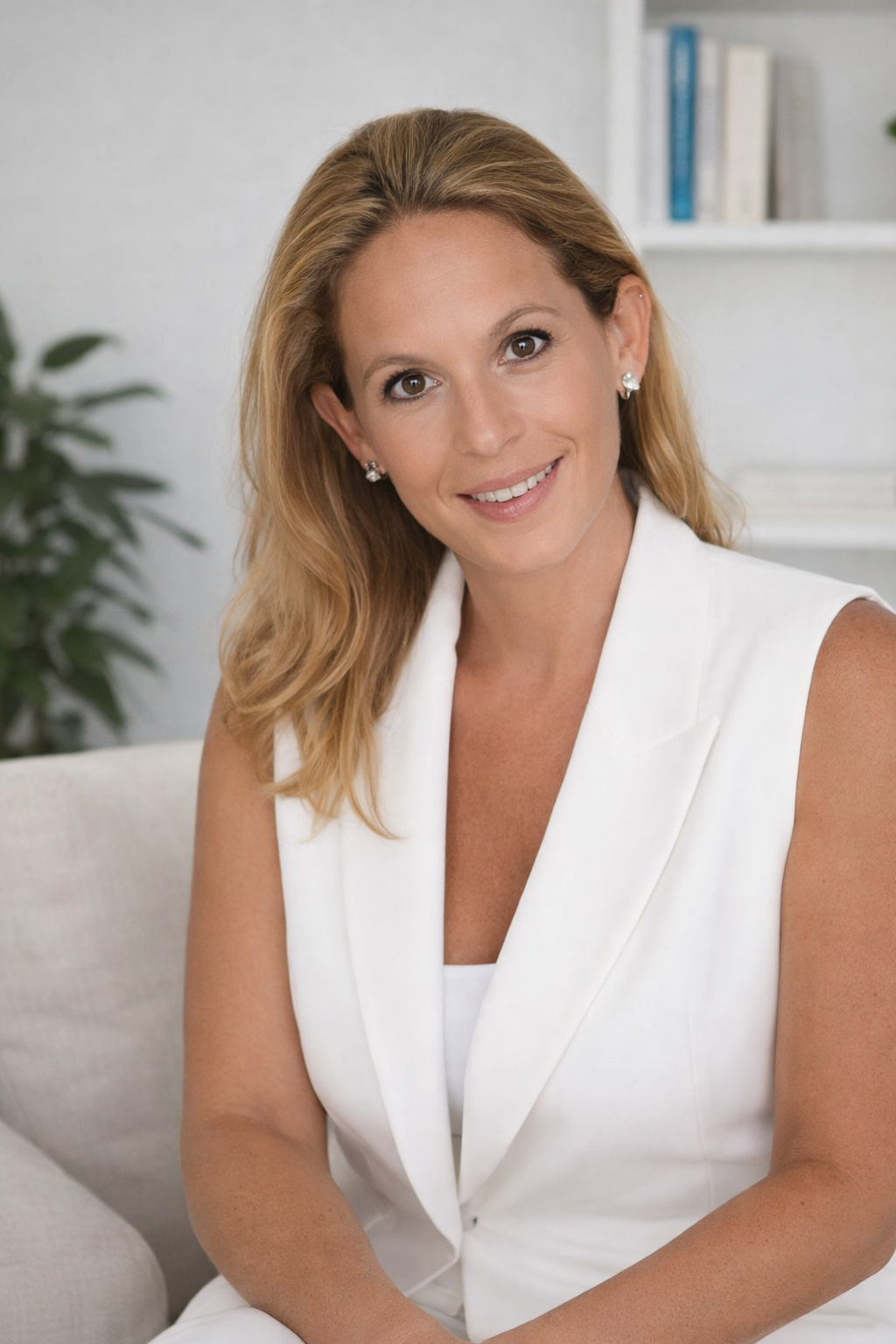 A woman with shoulder-length blonde hair, wearing a white sleeveless blazer, sitting on a light-colored sofa in a modern living room with a bookshelf and a plant in the background, smiling at the camera.