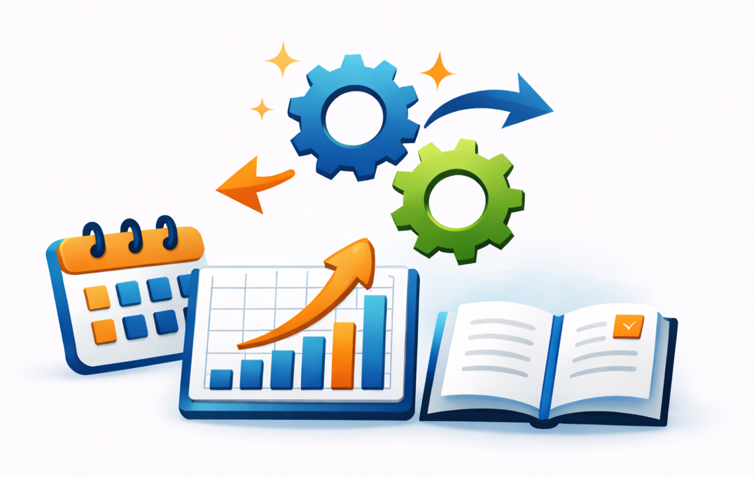 Illustration of gears, a calendar, a chart with an upward arrow, and an open book representing planning, growth, and knowledge.