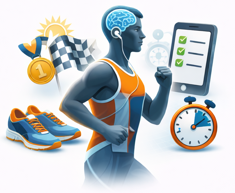 An illustration of a runner with a brain and headphones, a smartphone with checkmarks, a stopwatch, running shoes, a checkered flag, a gold medal, and a sun, symbolizing athletic performance and progress.