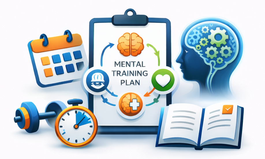 Illustration of a mental training plan with icons of a brain, heart, and health steps, a calendar, a stopwatch, a dumbbell, an open book, and a human head with gears inside.
