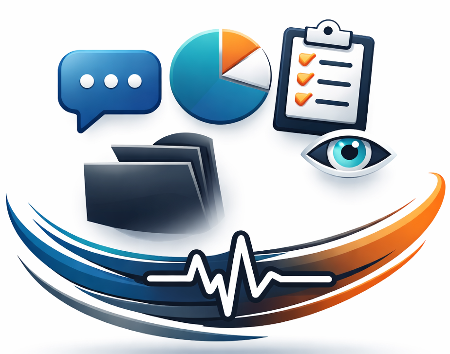 Collection of icons including a speech bubble, pie chart, checklist on a clipboard, an eye, files, and a heartbeat line.