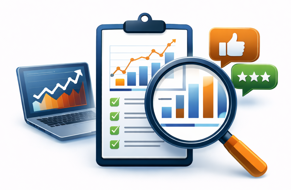 Digital analytics scene with a laptop, a clipboard with a chart, a magnifying glass over bar graphs, a thumbs-up icon, and a five-star review icon.