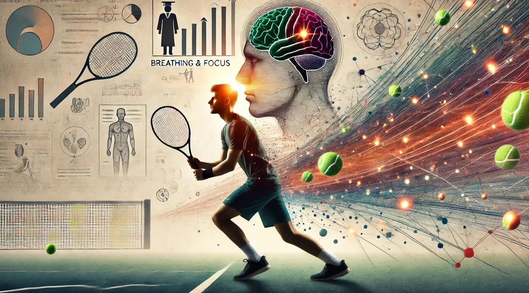 A person playing tennis on an indoor court with a digital illustration of a human brain and scientific elements, including graphs, diagrams, and floating tennis balls, in a surreal style.