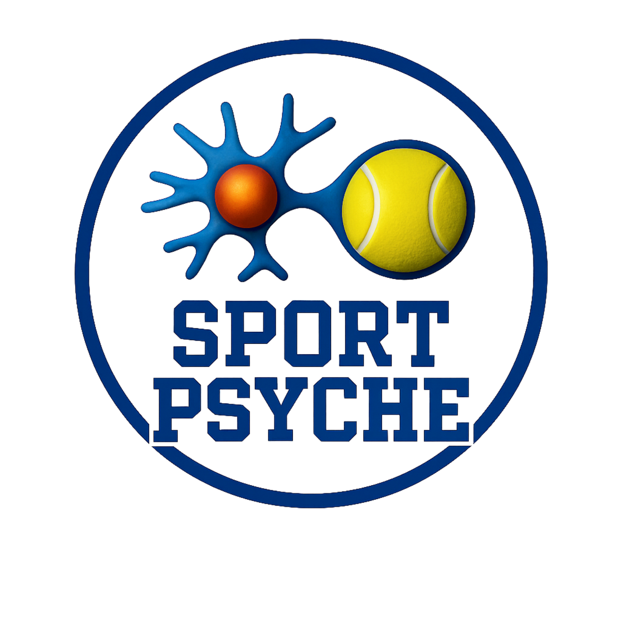 Logo for Sport Psyche featuring a tennis ball, a neuron illustration, and the text 'SPORT PSYCHE' in bold blue letters.
