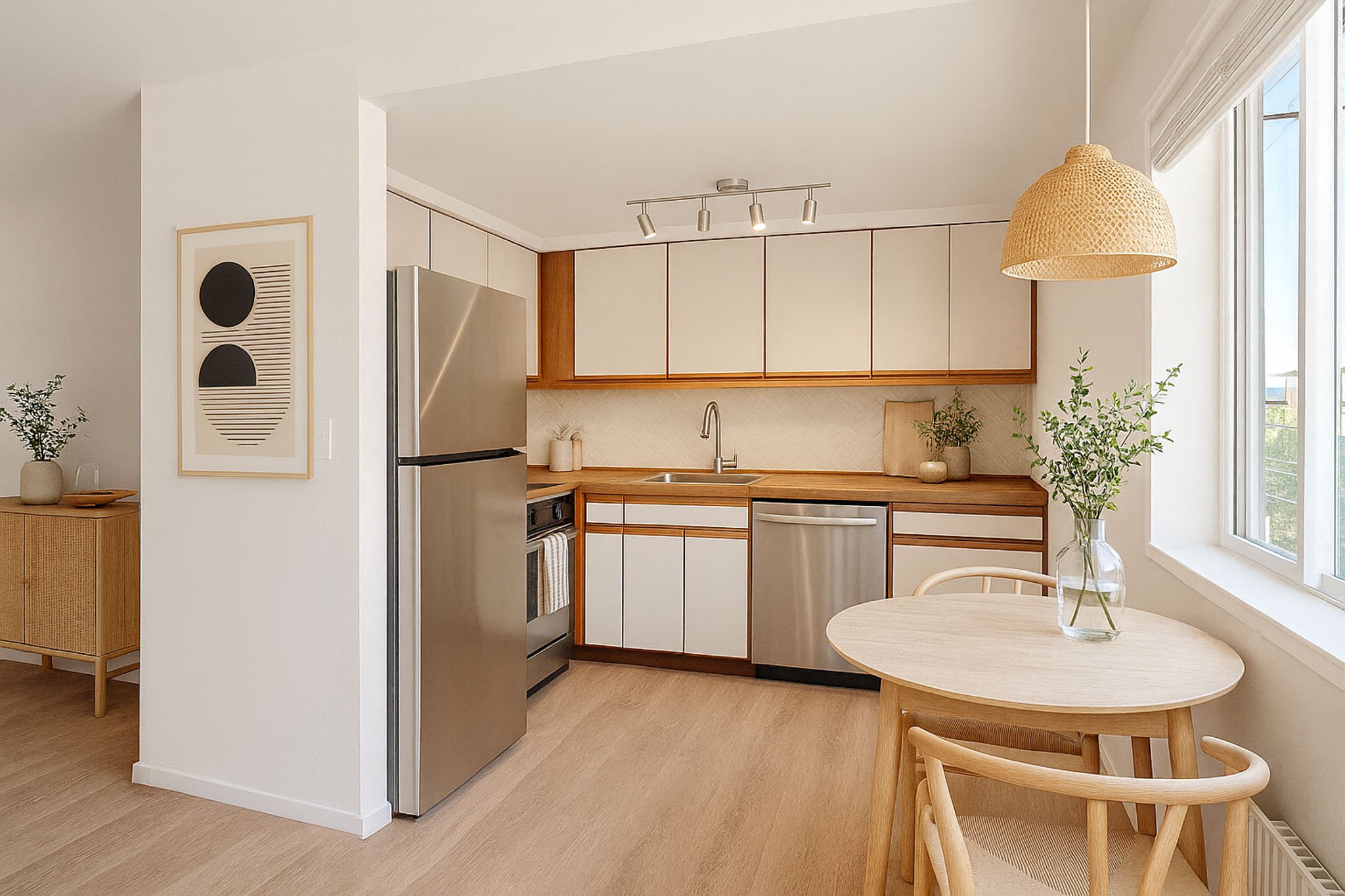 Kitchen with white cabinets, stainless steel refrigerator, and a round dining table with wooden chairs and a glass vase with green plants by the window.