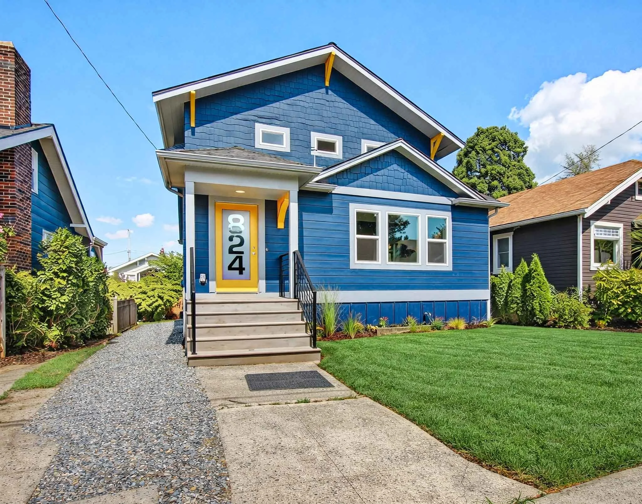 Front view of a modern blue house with a small staircase leading to the front door, a well-maintained lawn, and neighboring houses under a clear blue sky.