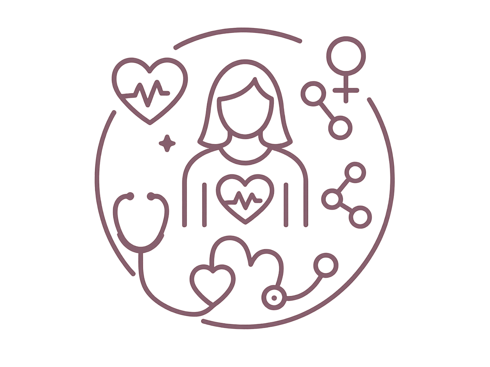 Illustration for Women’s Health & Gynecology, including hearts with a heartbeat line, a stethoscope, and connected circles representing healthcare and medicine.