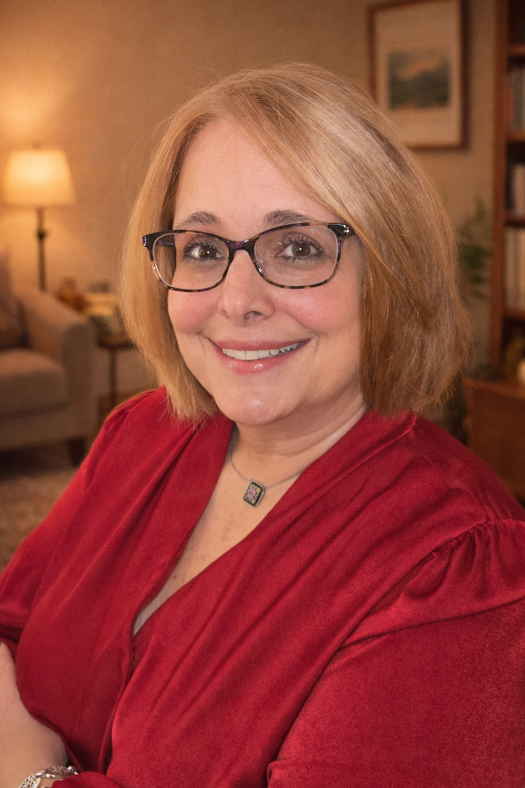 A woman with shoulder-length red hair, glasses, and a friendly smile, standing with arms crossed against a plain office wall, wearing a blue cardigan, a patterned blouse, a pearl necklace, and various bracelets.