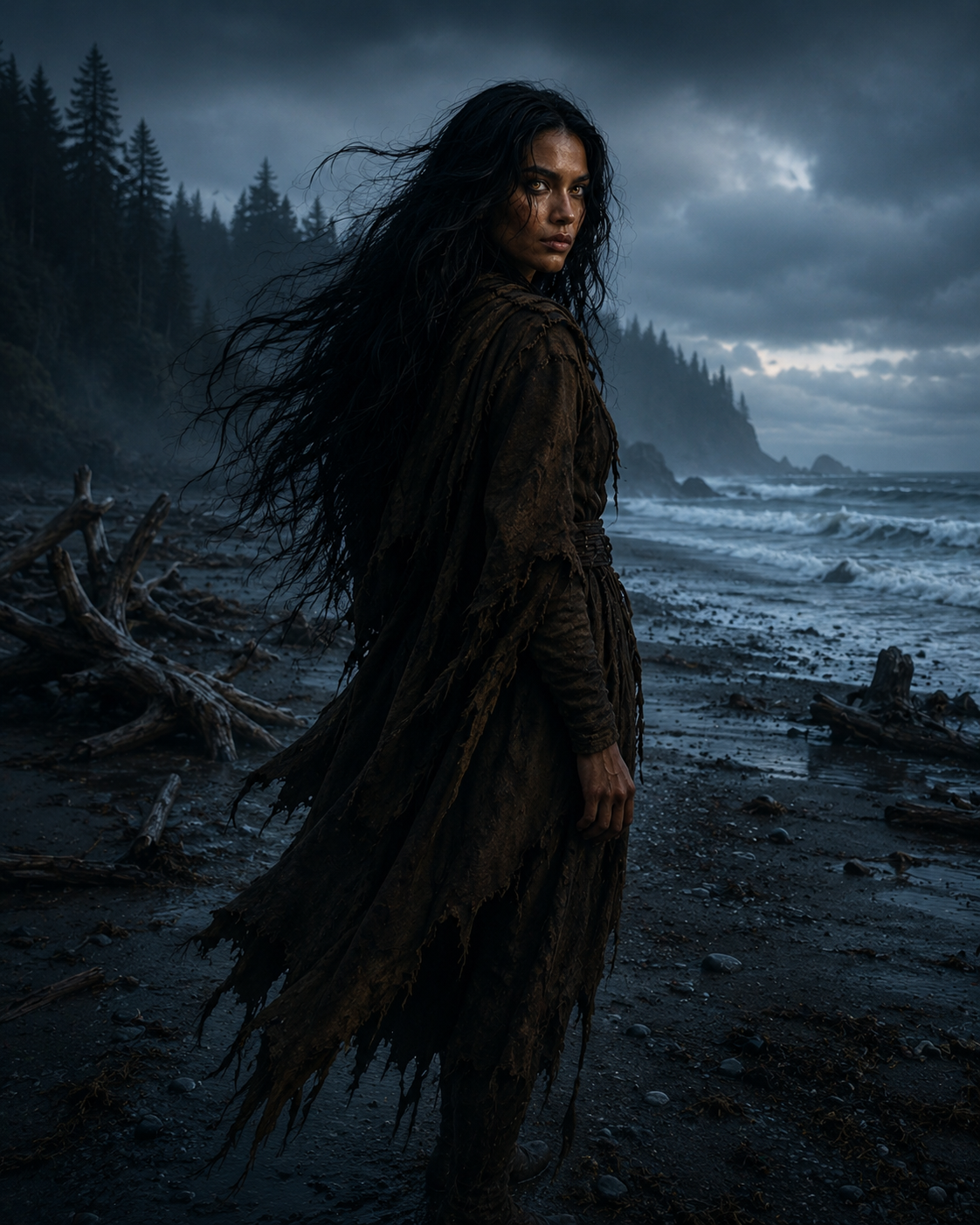 A woman with long dark hair and a tattered dark coat stands on a rocky beach under a cloudy sky, with a forested coastline in the background.