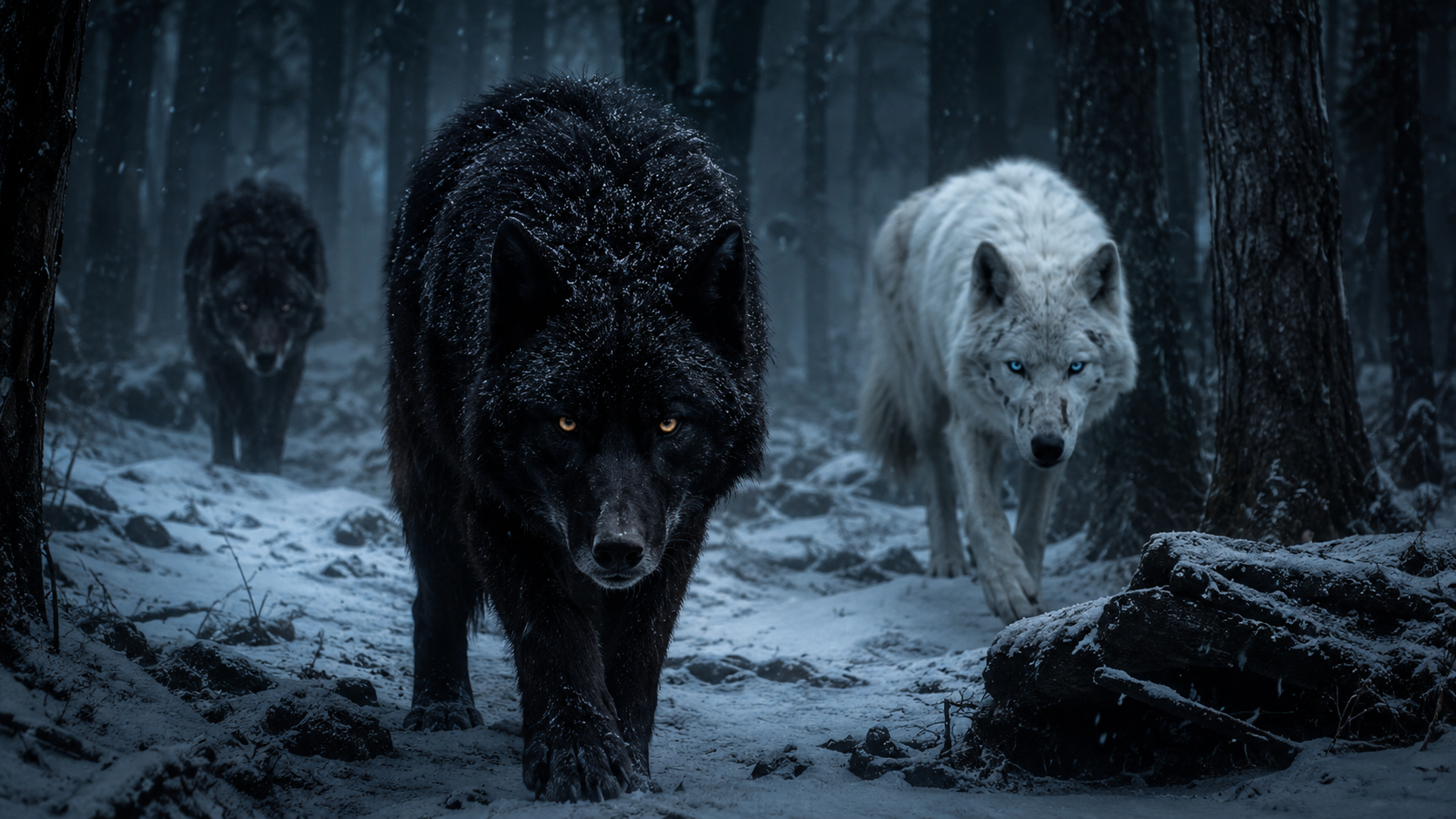 Three wolves walking through a snowy forest at night, with the central black wolf leading and two lighter-colored wolves in the background.