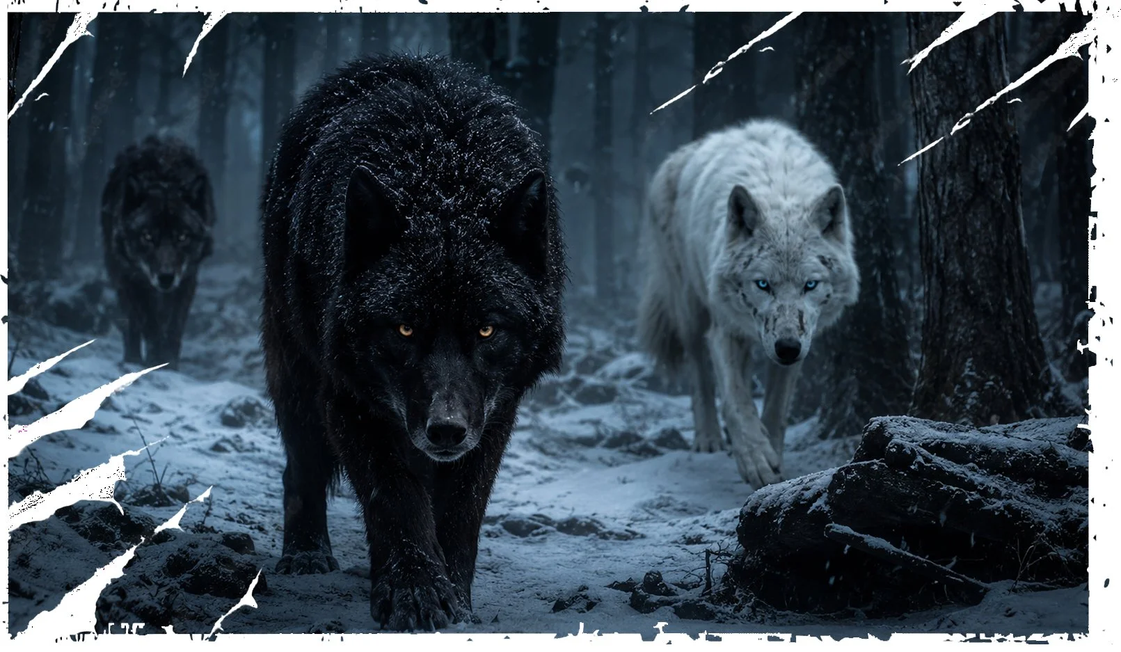 Three wolves walking through a snow-covered forest at night, with one black wolf in the foreground and a white wolf with blue eyes in the background.