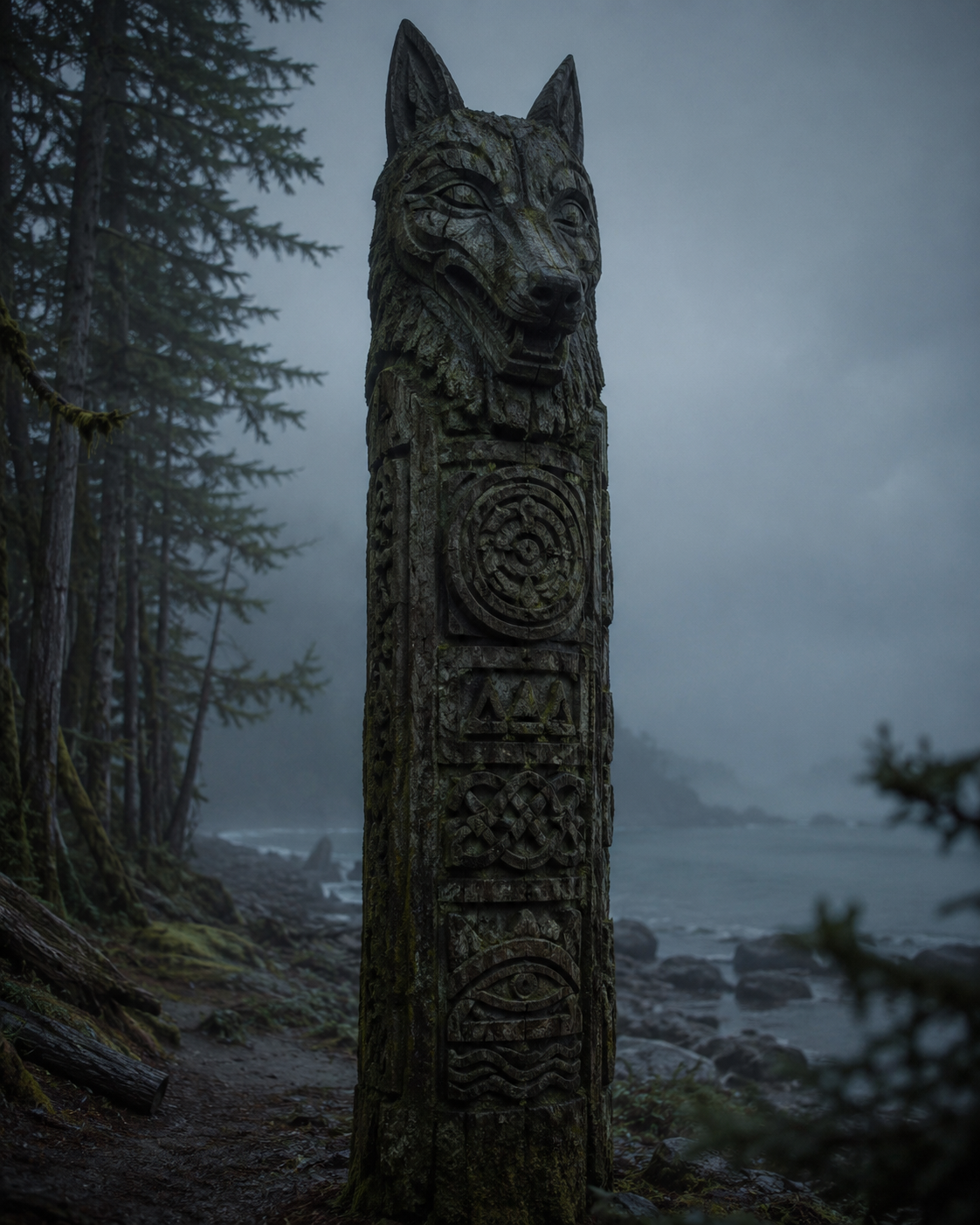 A tall carved totem pole with an animal's head, possibly a wolf, on top, situated on a foggy shoreline with trees and rocks in the background.