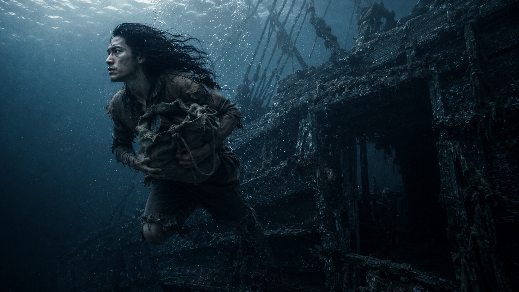 A man with long dark hair underwater, holding a sack, with a destroyed ship in the background.
