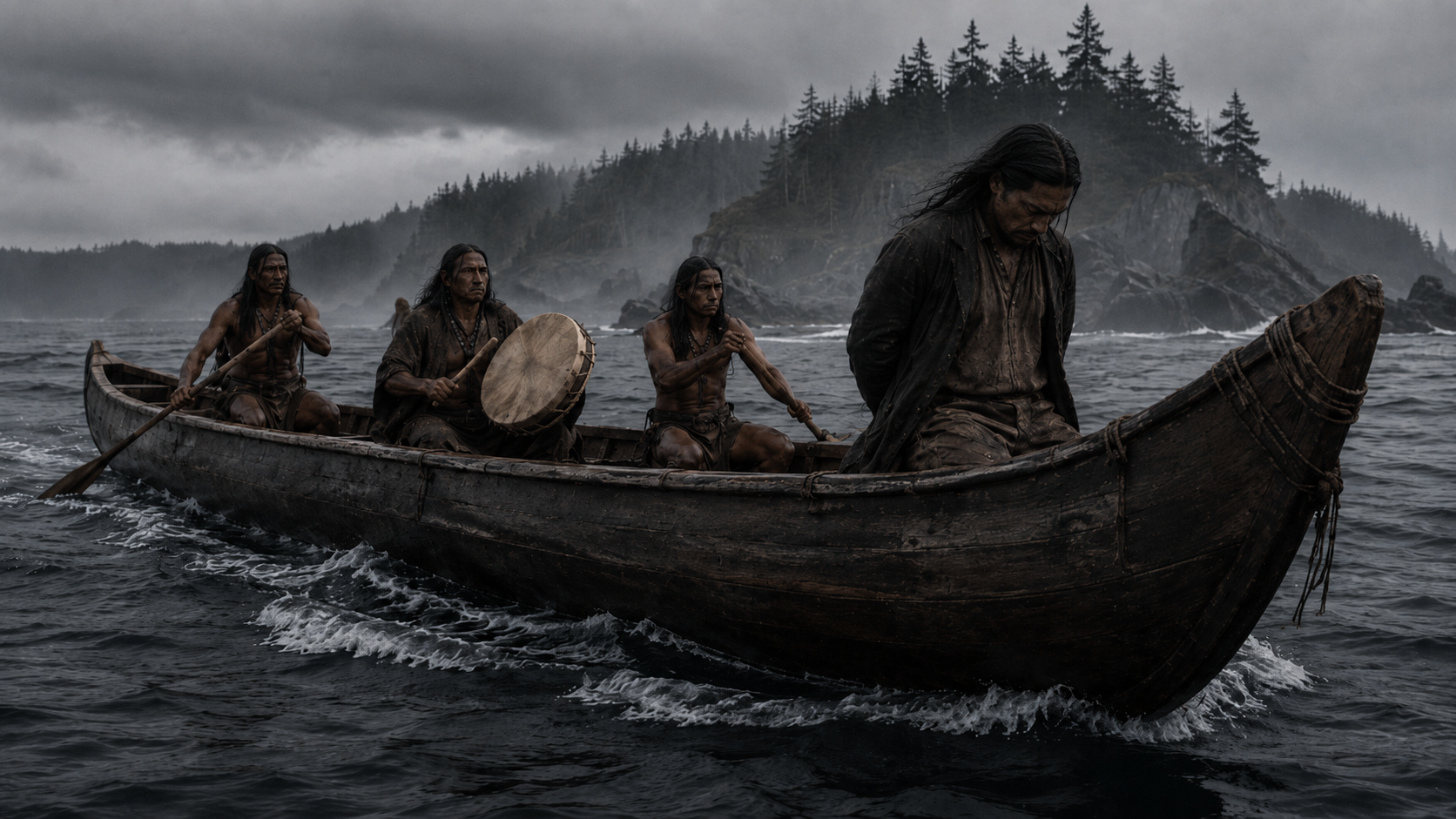 Five Indigenous men in traditional clothing on a wooden boat, with a rugged coastline and dense forest in the background, under a cloudy, overcast sky.