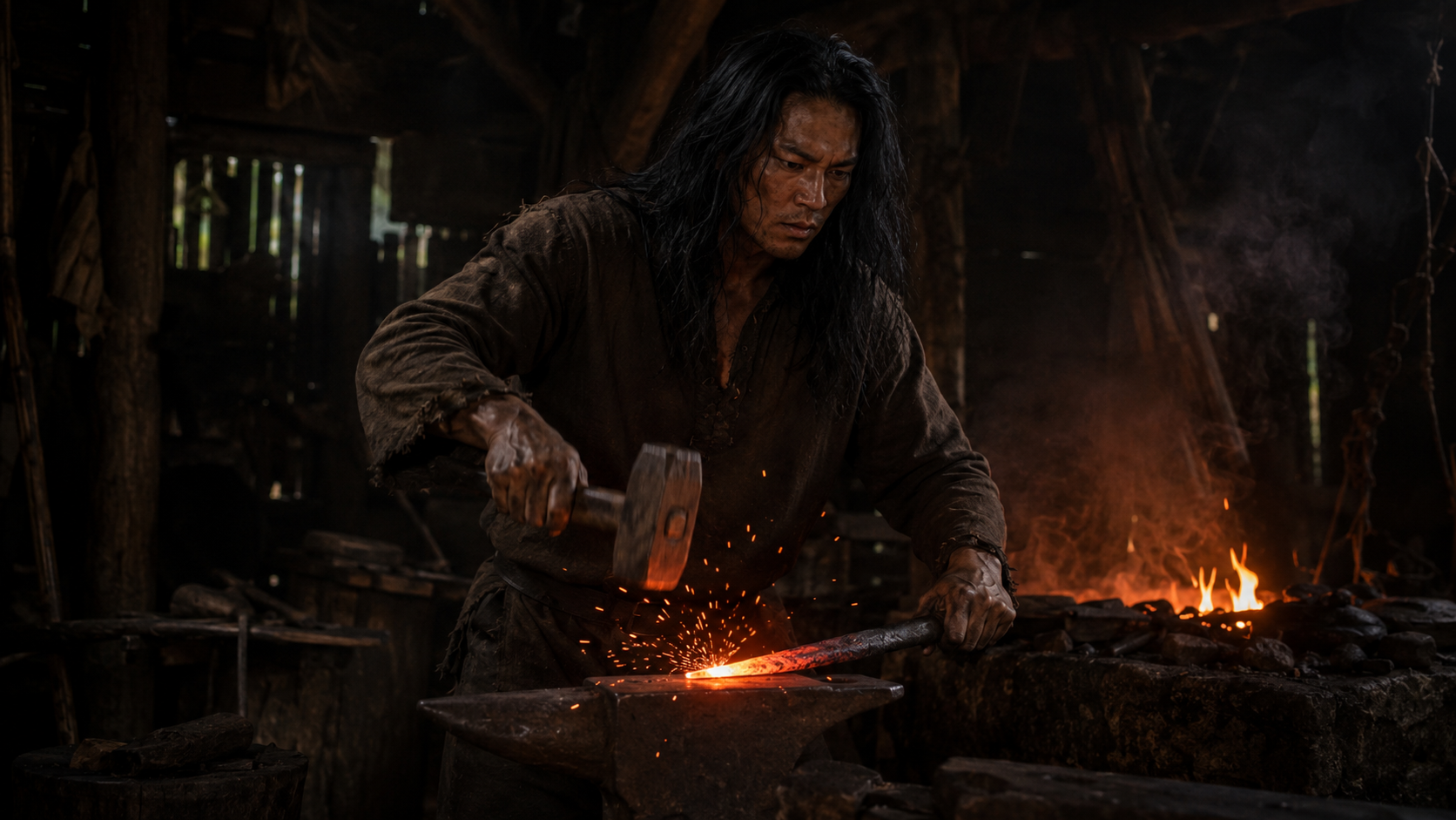 A blacksmith wearing dark, worn clothing hammers hot metal on an anvil inside a dimly lit forge, with sparks flying from the metal.