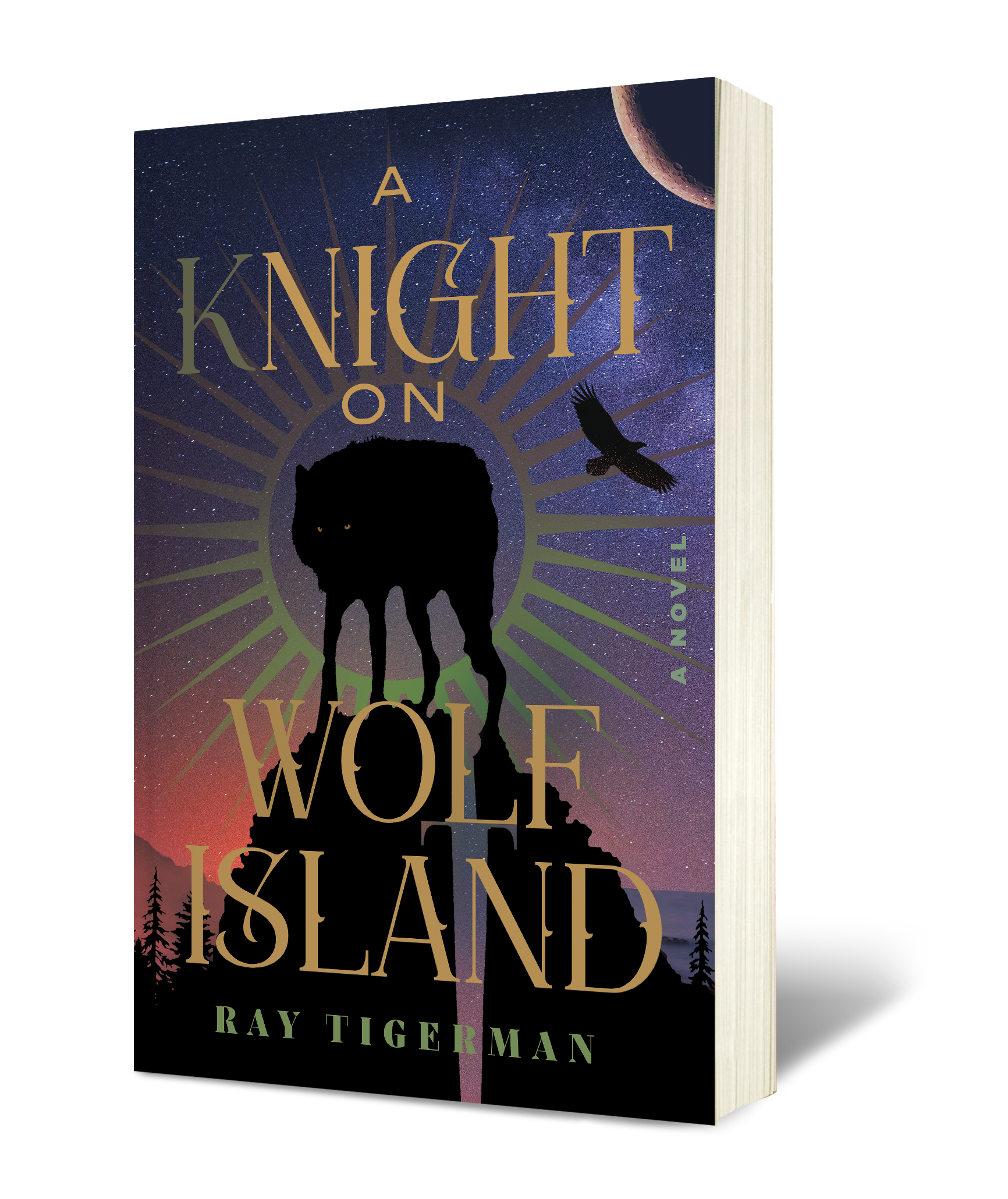 Book cover of A Knight on Wolf Island with a mountain silhouette, a starry night sky, a crescent moon, and an eagle in flight, titled 'A Night on Wolf Island' by Ray Tigerman.