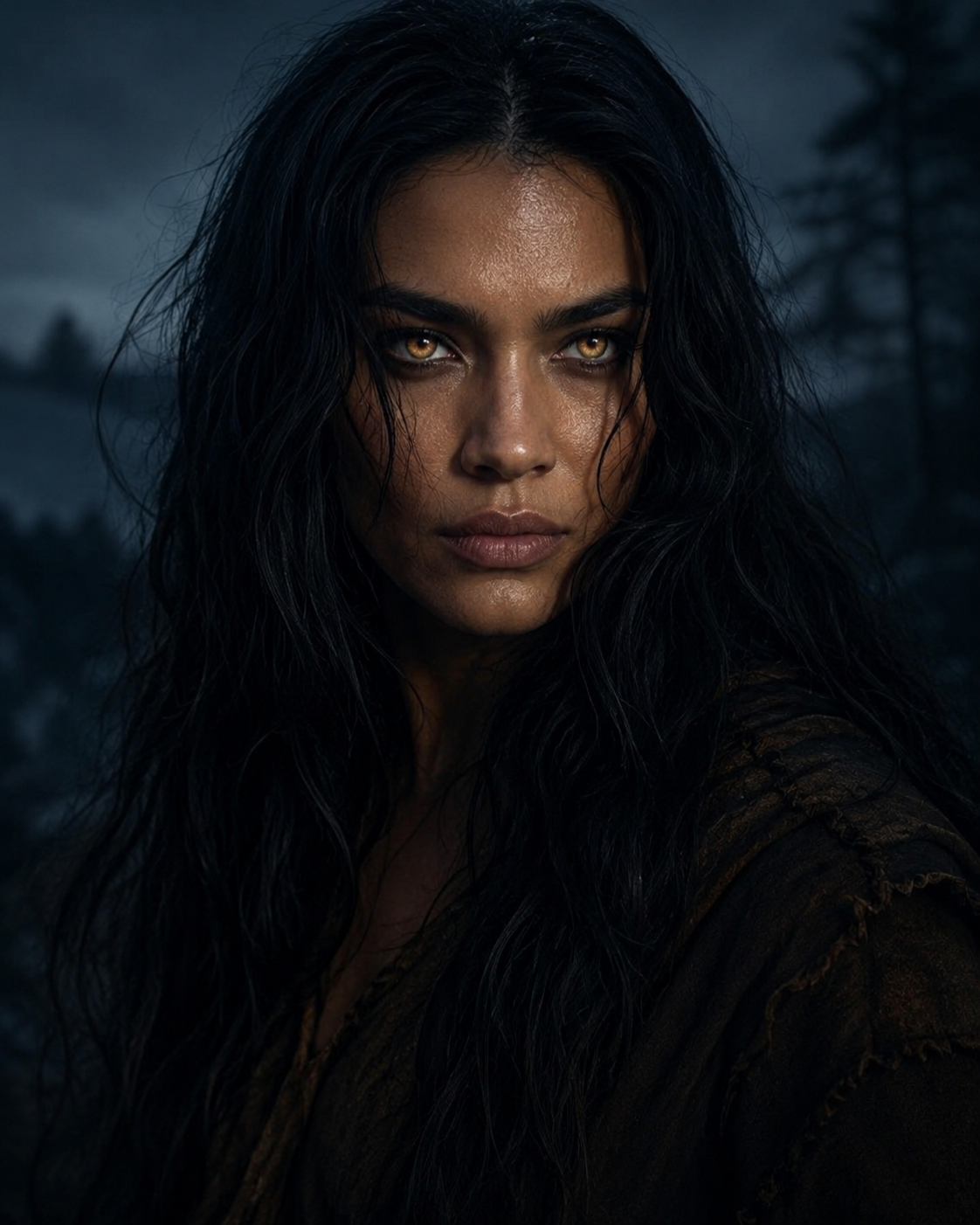 Close-up of a woman with long, wavy black hair and piercing amber eyes in a dark, outdoor setting.