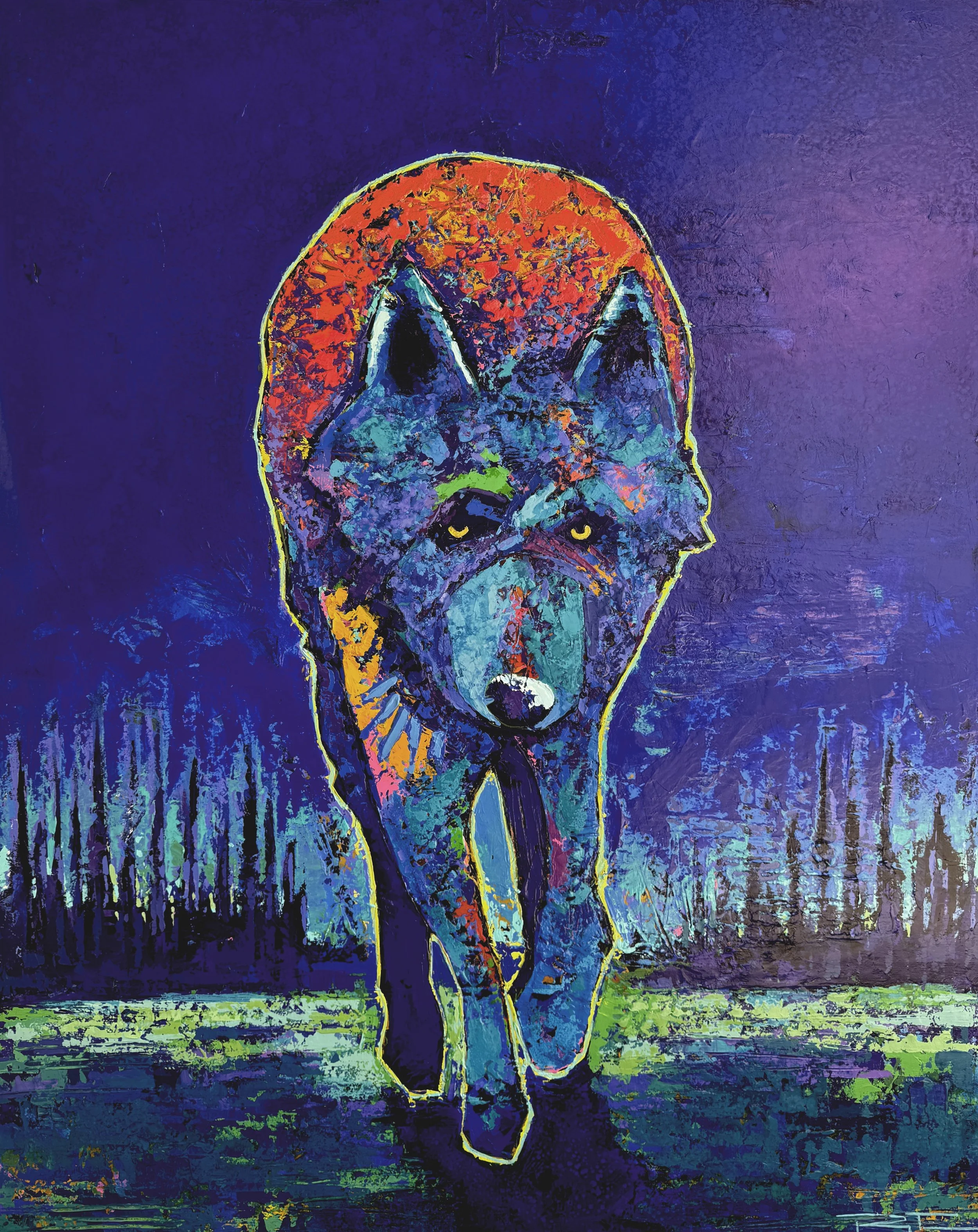 A colorful abstract painting, Lone Wolf, of a wolf's face against a purple background, with drips and streaks of green, blue, yellow, and orange.