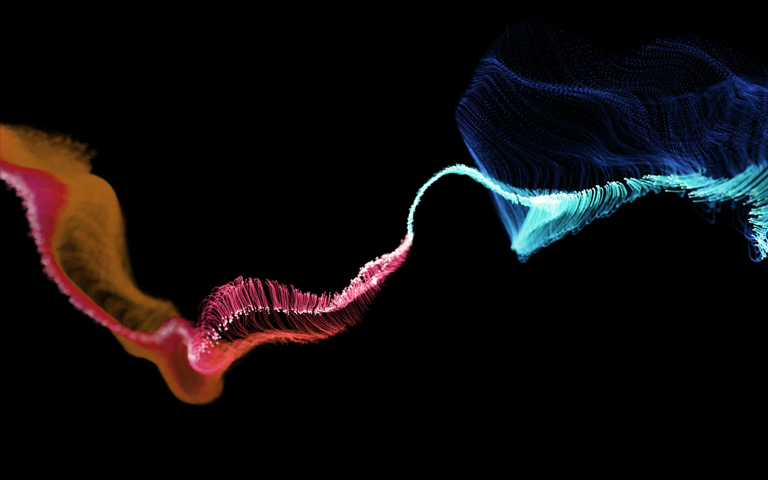 Colorful flowing digital waves, pink on the left and blue on the right, against a black background.