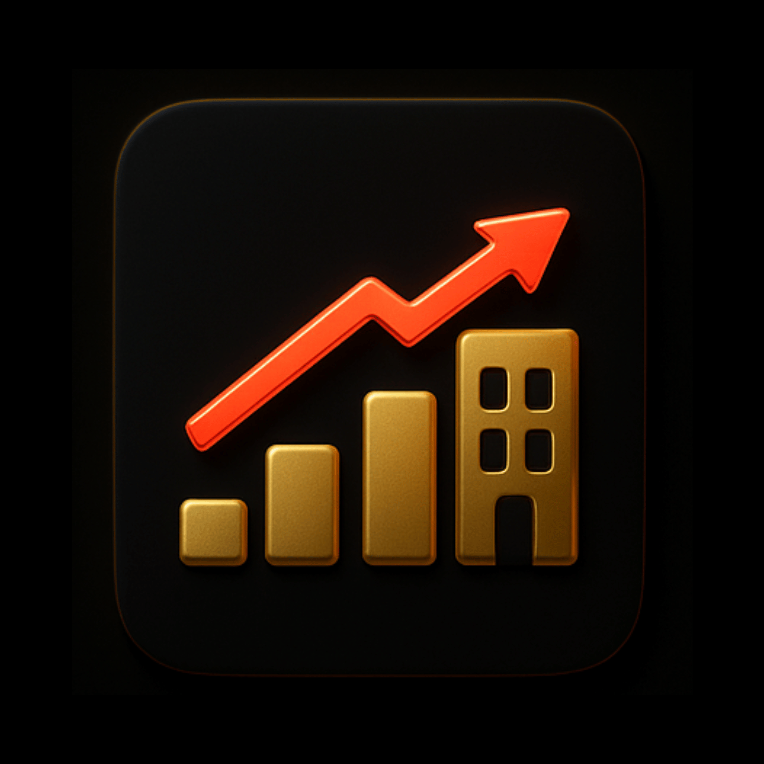 Digital icon depicting a bar graph with gold bars increasing in height from left to right, a red upward trending arrow, and a gold building with windows and a door on the right, symbolizing growth and progress.