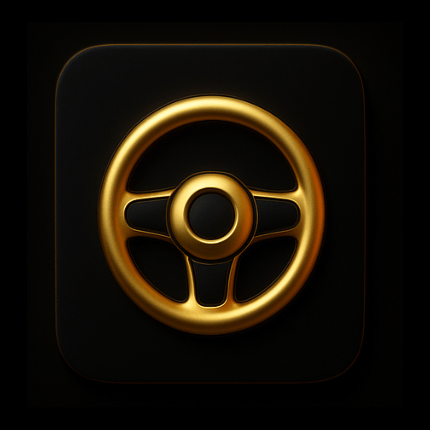 Golden steering wheel icon on a black background.