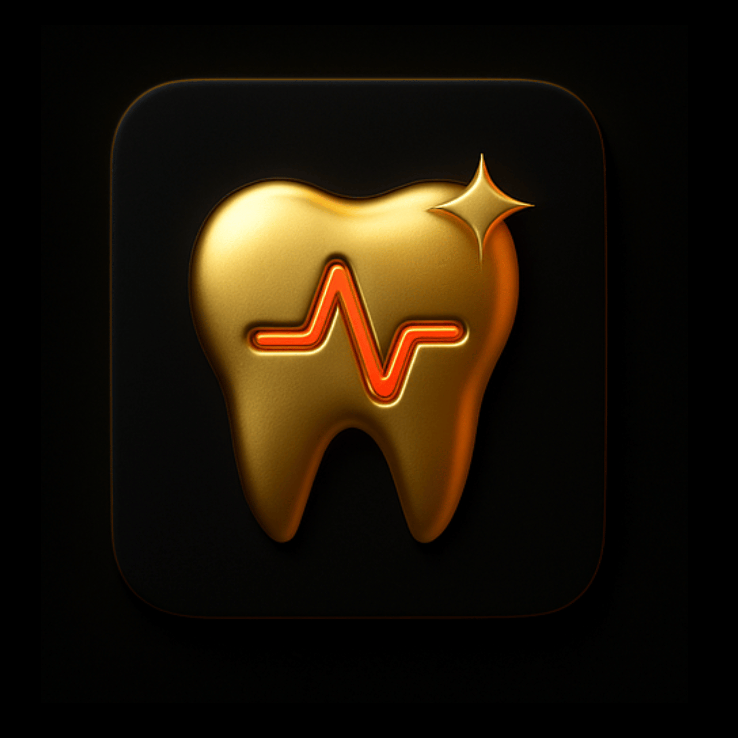 A gold tooth icon with a red heartbeat line inside it, and a small star spark on the upper right corner.
