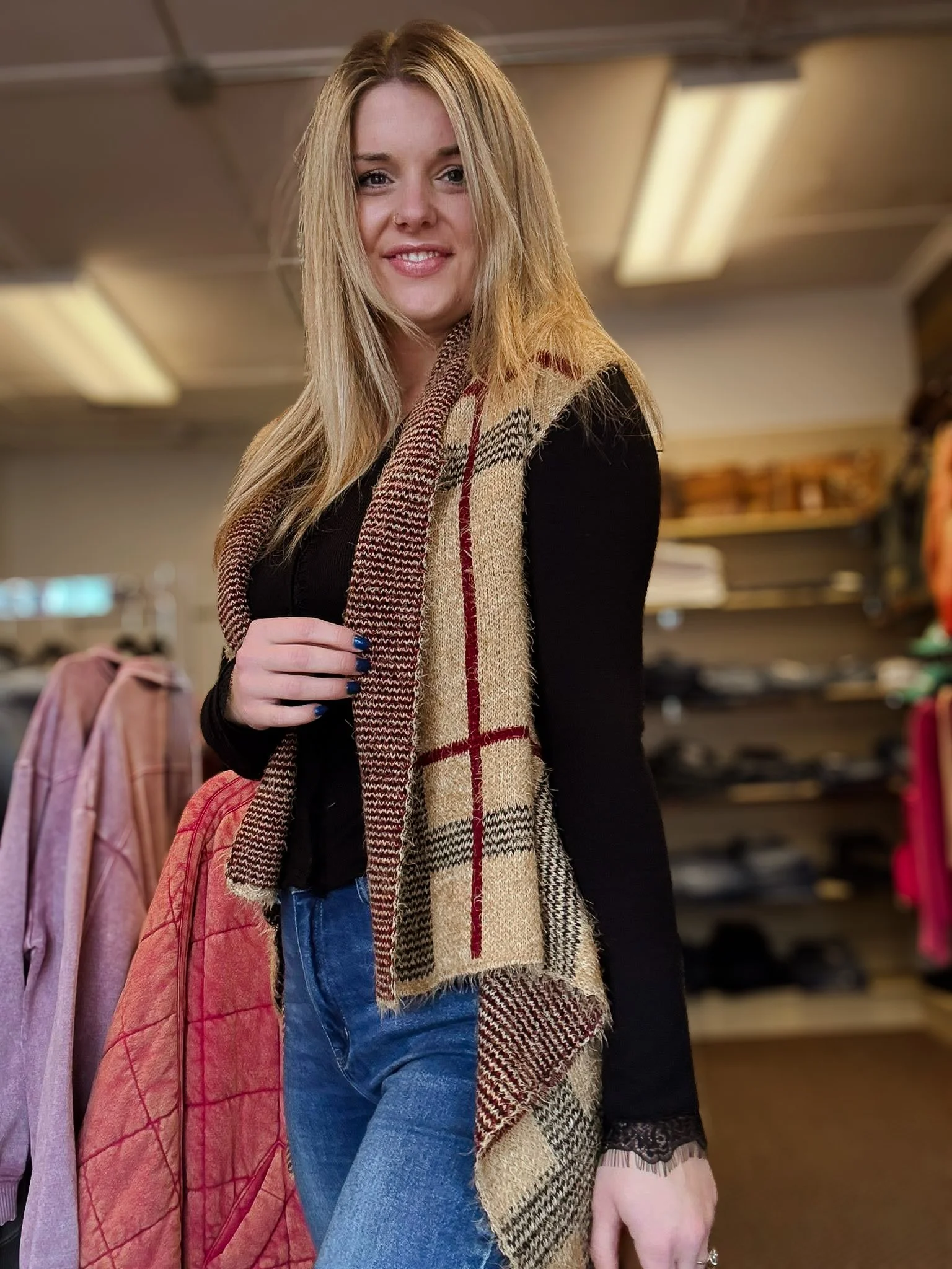 Tan & Black Plaid Drape Vest