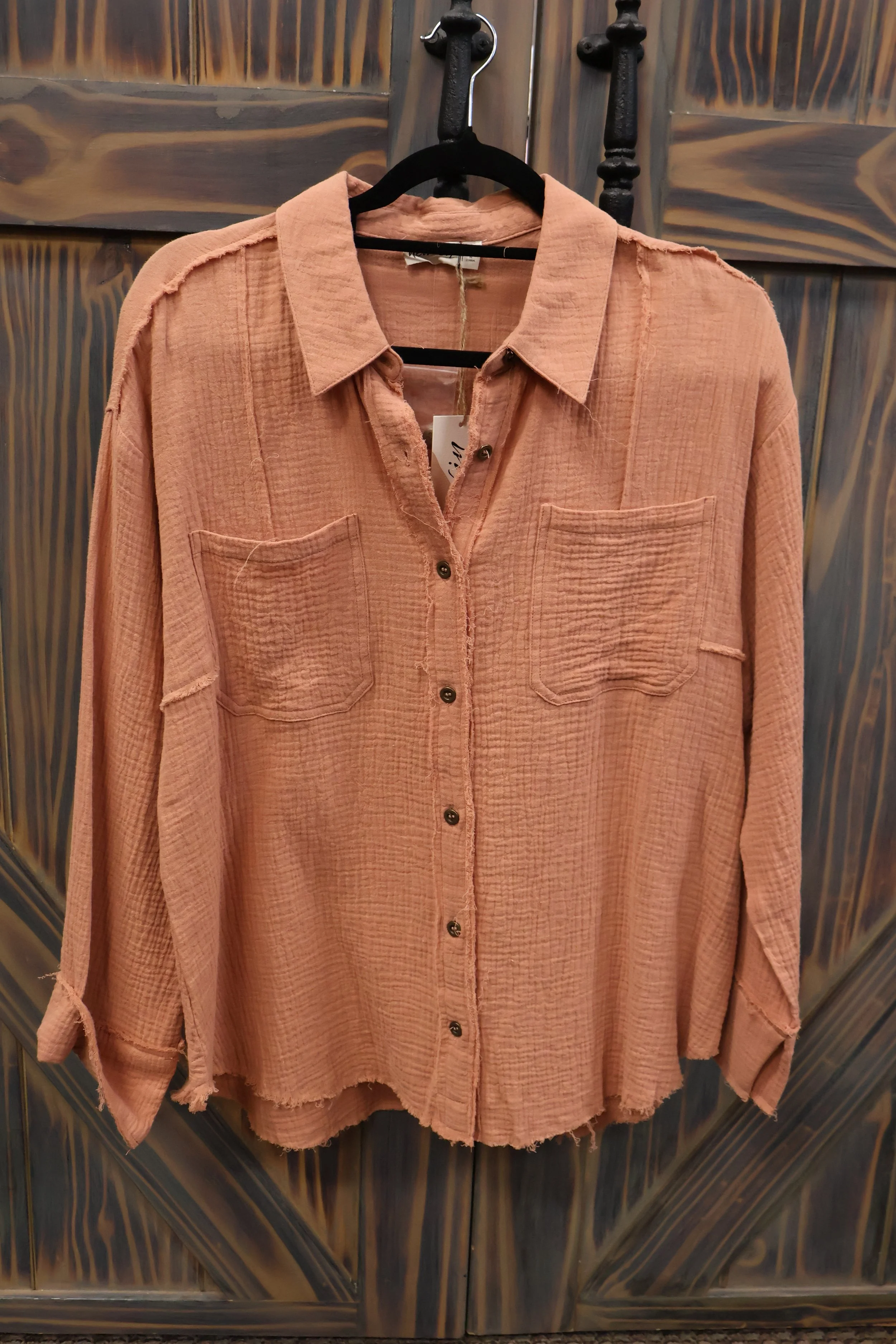 Peach Gauze Button Up Top